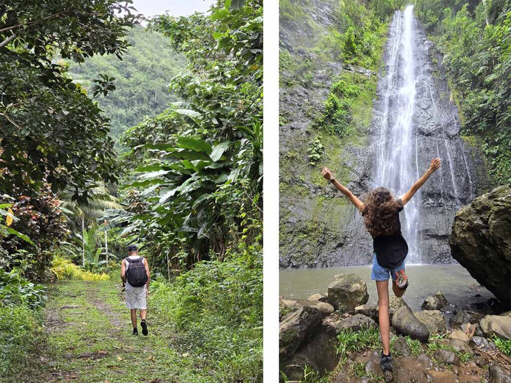 Exploration de la cascade Afareiatu à Moorea, Polynésie française, avec un randonneur traversant une jungle luxuriante et une voyageuse célébrant devant la chute d'eau spectaculaire.