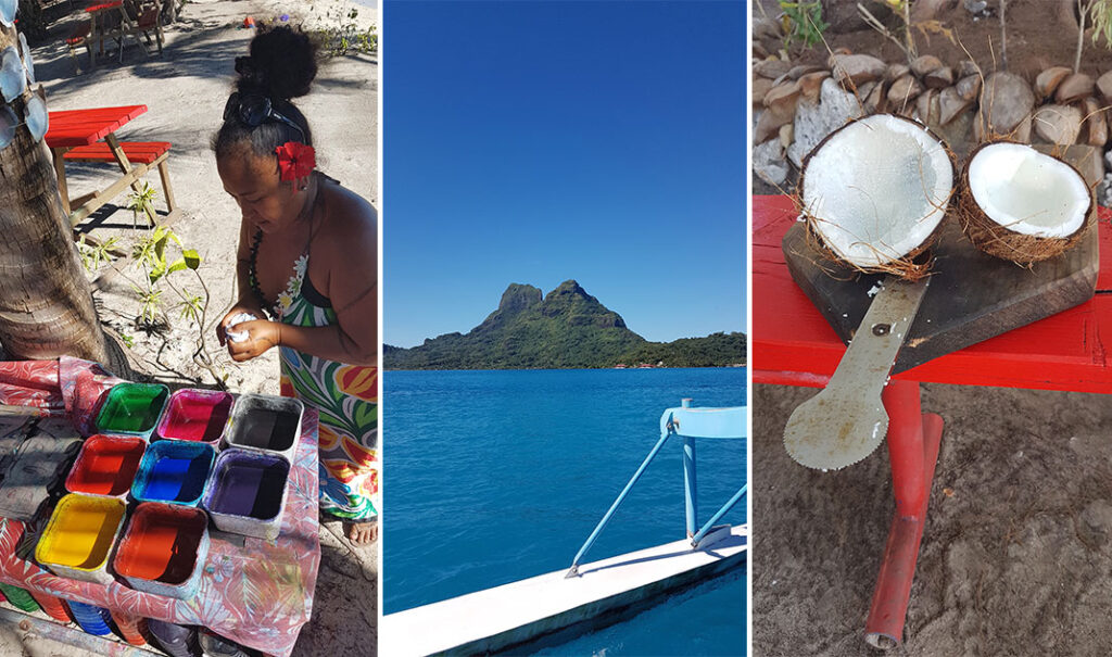 Activité confection de son propre paréo sur un motu à Bora Bora, et atelier création de lait de coco.