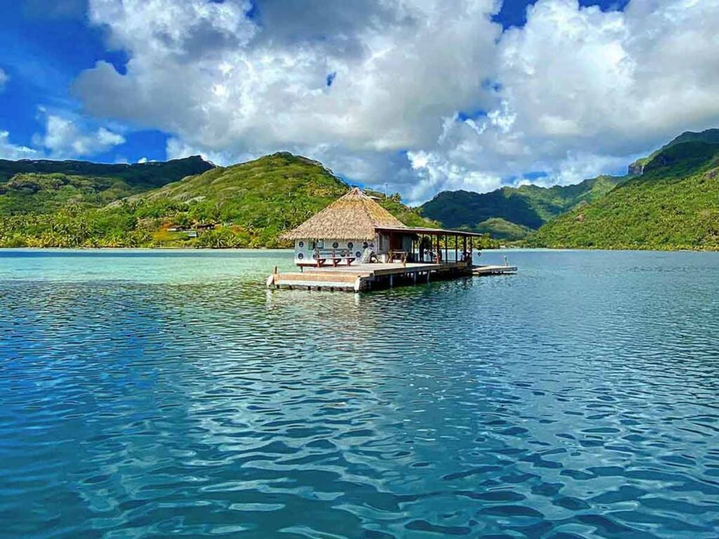 Visite de la ferme perlière Huahine Pearl Farm, située sur un ponton flottant, où l'on apprend la culture des perles de Tahiti.