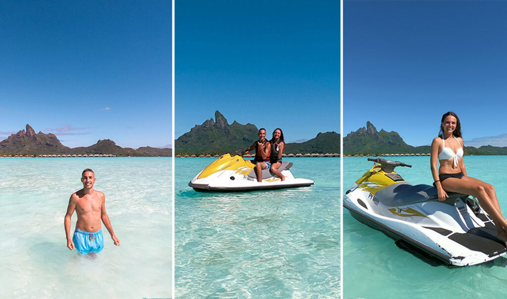 Personne faisant du jet ski sur le lagon de Bora Bora avec en arrière-plan le mont Otemanu et les eaux cristallines.