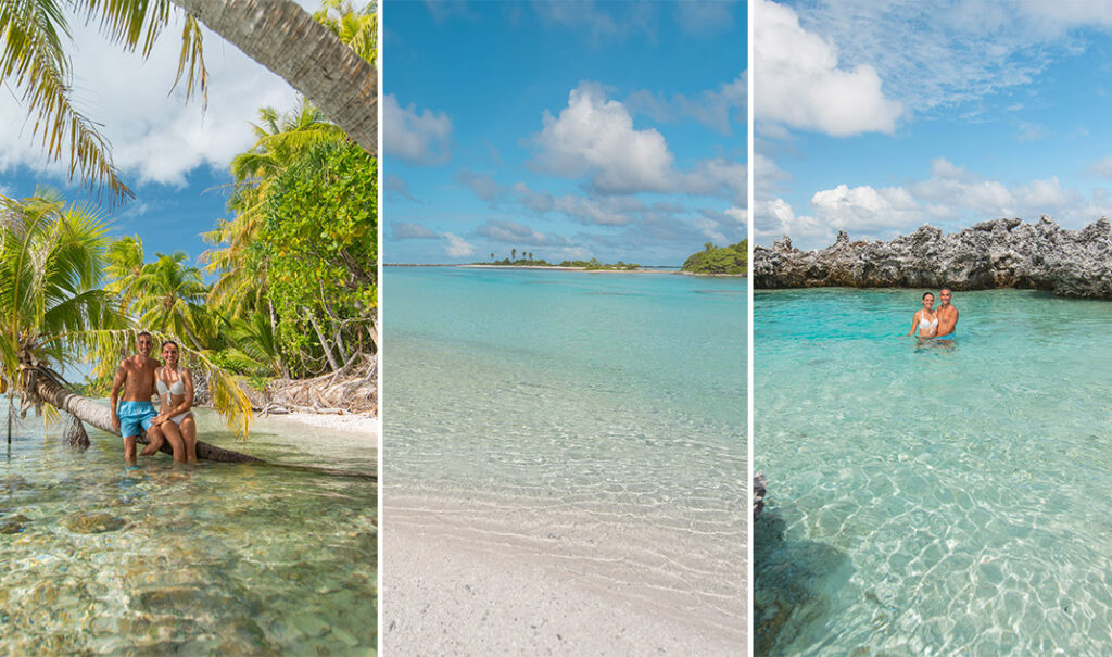 Excursion à l'île aux récifs à Rangiroa avec vue sur les coraux fossilisés, les motus et les lagons turquoise.