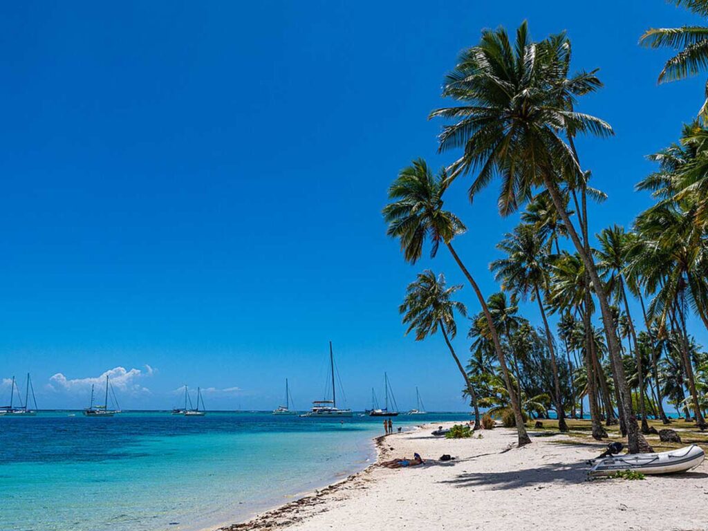 Plage publique de Ta'ahiamanu à Moorea, bordée de cocotiers, offrant un sable blanc fin et des eaux turquoise idéales pour se détendre et nager dans un cadre naturel magnifique.