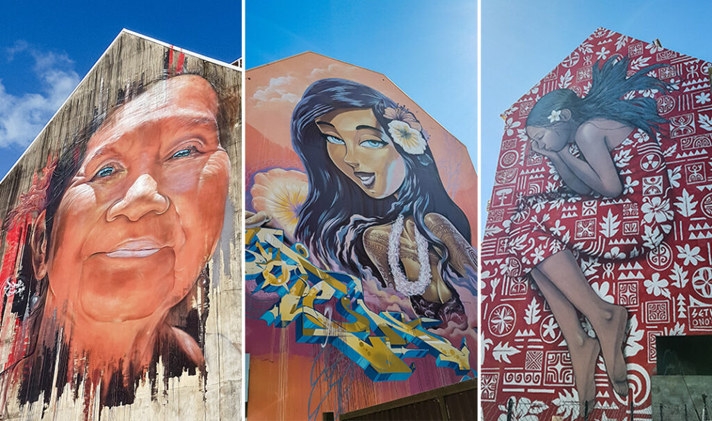 Street art coloré dans les rues de Papeete, Tahiti, mettant en avant l’art urbain polynésien avec des fresques vibrantes inspirées de la culture locale.