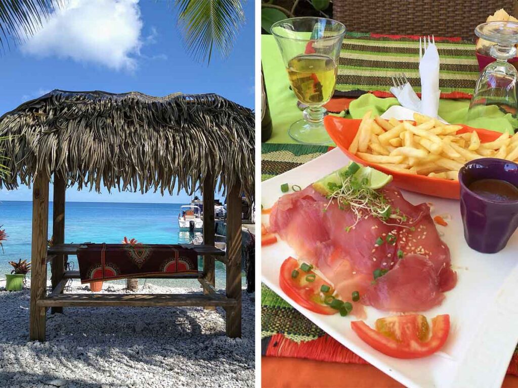 Repas typique polynésien au restaurant Chez Lili à Rangiroa, avec poisson du lagon et accompagnements maison.