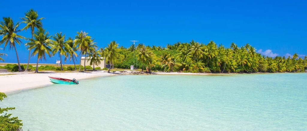 plage de sable blanc avec ses palmiers à Maupiti en Polynésie Française