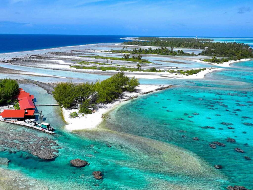 Vue du motu Aito à Fakarava, entouré d’un lagon limpide et de cocotiers tropicaux.