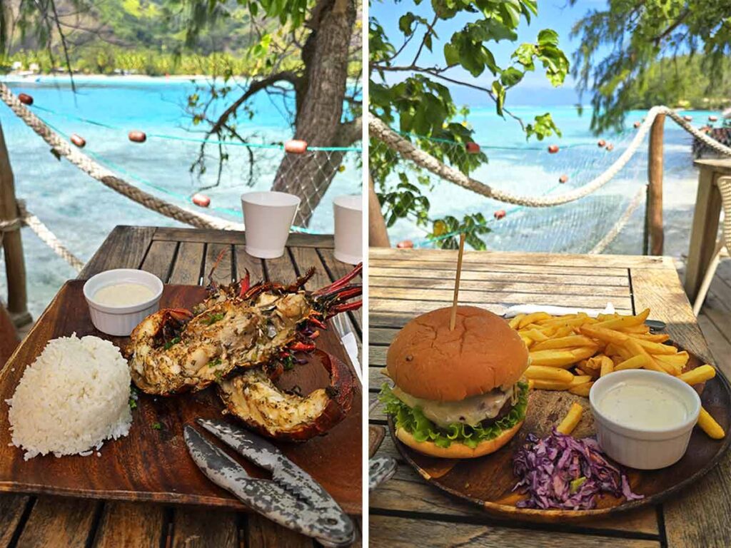 Restaurant Coco Beach à Moorea, repas les pieds dans l’eau sur un motu au cœur du lagon.