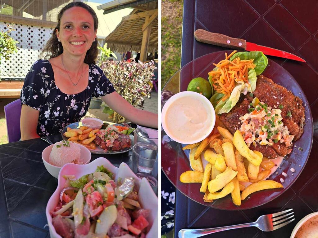 Déjeuner au Snack Mahana à Moorea, dans un restaurant en bord de lagon avec vue sur l’eau turquoise.