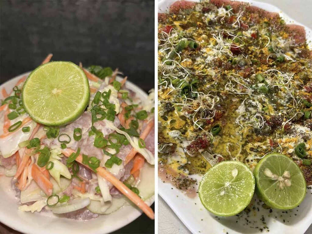 Assiette de poisson cru au lait de coco et autres spécialités locales servies chez Mahin's à Raiatea.