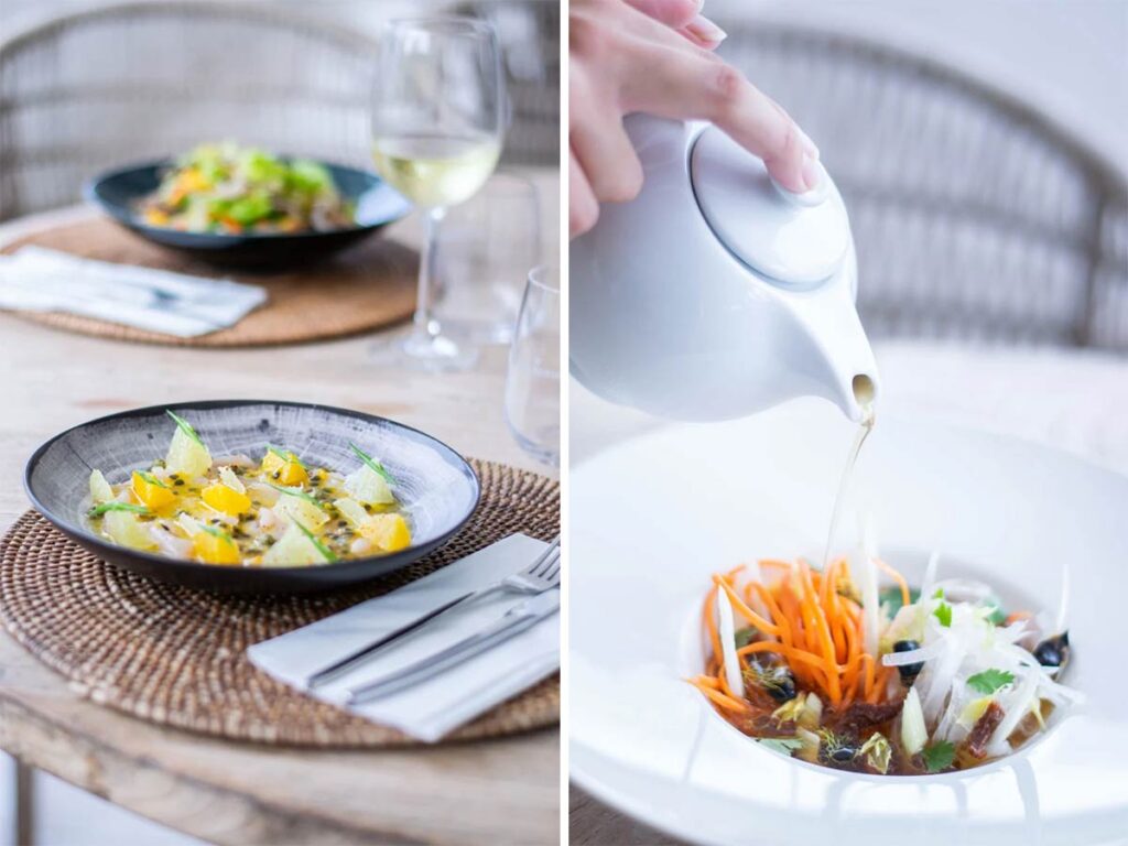 Assiette de plats raffinés servis au restaurant Opoa Beach à Raiatea, dans un cadre en bord de mer.