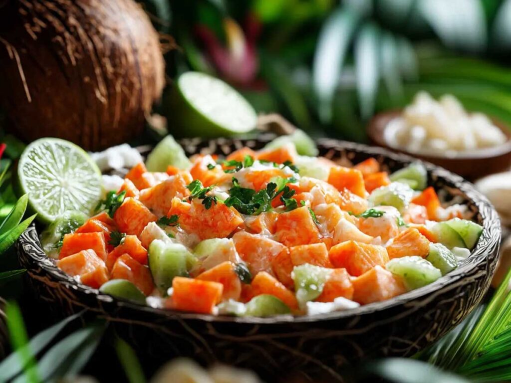 Plat de poisson cru à la tahitienne, spécialité polynésienne préparée avec du thon mariné dans du citron vert, du lait de coco et des légumes croquants.