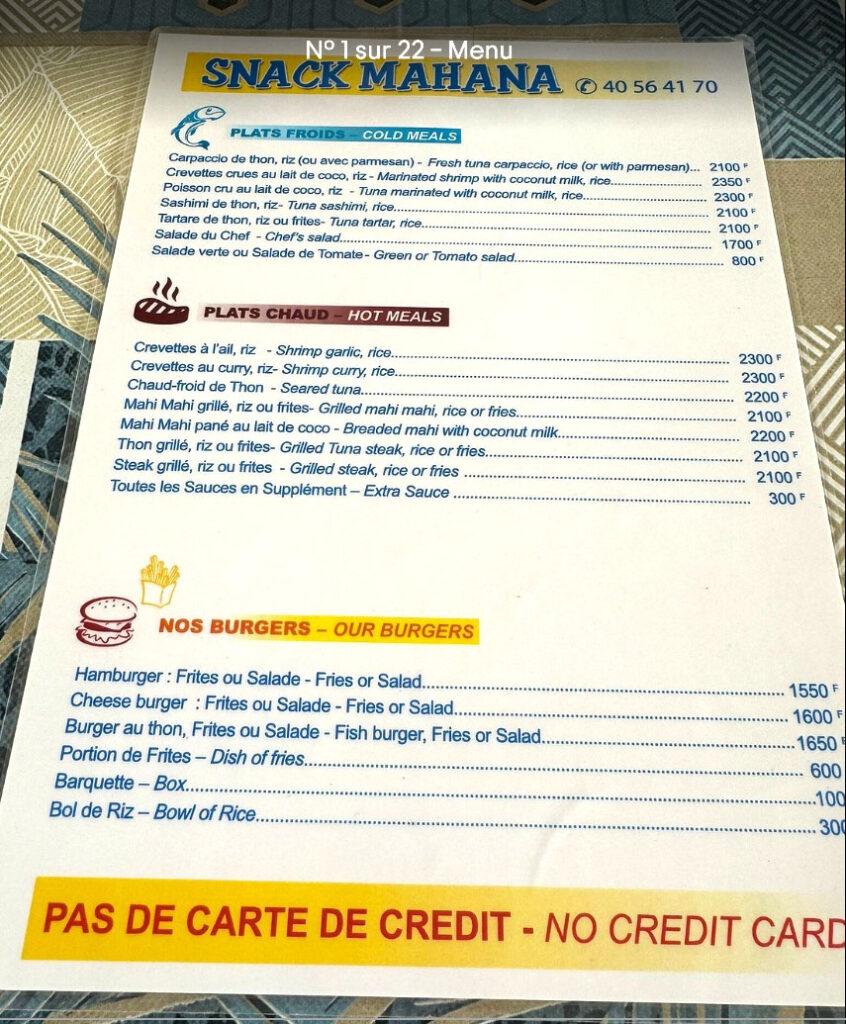 Carte et menu du Snack Mahana à Moorea en Polynésie française