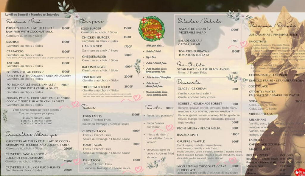Menu du restaurant Tropical Garden à Moorea en Polynésie française